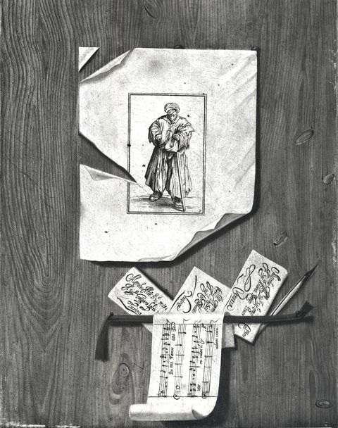 Christie's — Remps Andrea Domenico - sec. XVII - Trompe-l'oeil con portalettere, stampa, fogli e spartito — insieme